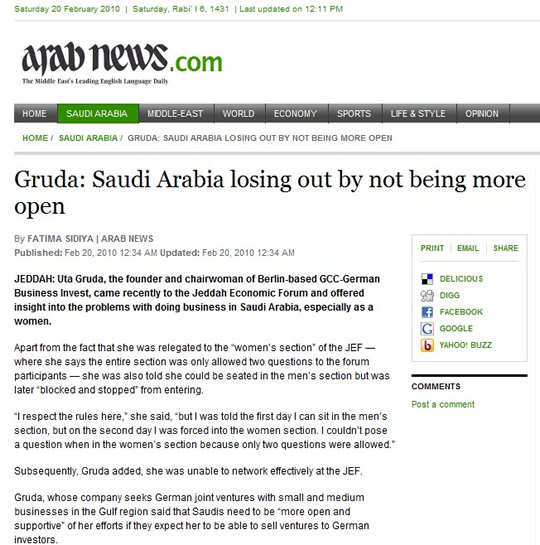 Arab News about Uta Gruda, CEO of GCC-German Business Invest in Jeddah, Saudi Arabia